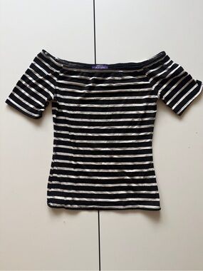 Hot Gal Black & White Striped Off-Shoulder Crop Top